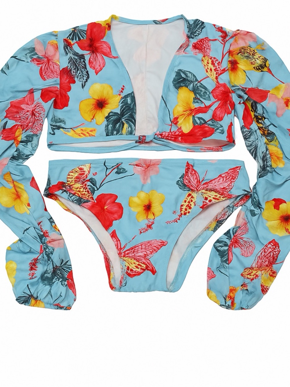 Cut out Floral Long-Sleeve Two-Piece Swim Set - Light Blue Patbo boutique looks